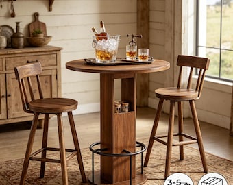 Bartafelset met 2 krukken, ronde industriële pubtafel met opbergruimte en voetensteun