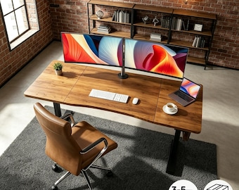 Large Solid Wood Dual Monitor Standing Desk, Electric Height Adjustable Home Office Desk