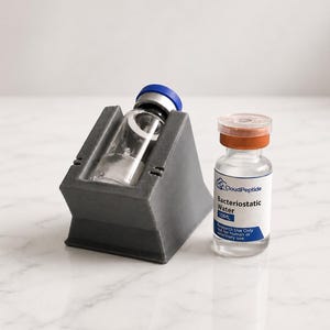 May include: A dark gray 3D-printed angled vial holder containing a clear glass vial with a blue cap, positioned next to a clear glass vial of CloudPeptide Bacteriostatic Water with an orange cap and a white label stating 10ML and research use.