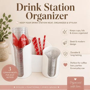 Può includere: Organizzatore bianco per stazione bevande con tre scomparti per tazze, coperchi e cannucce. L'organizzatore ha un design elegante e moderno ed è durevole. Il testo sull'immagine dice "Drink Station Organizer".