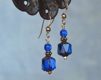 Cobalt blue cathedral glass earrings on gold-filled ear wires