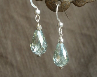 Pale green crystal teardrop earrings on sterling silver French ear wires