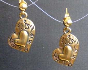 Natural Bronze Embossed Heart Charms on Gold-Filled Posts