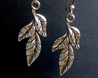 Pointed Leaf Earrings: Pewter Dangles on Sterling Silver French Ear .7wires