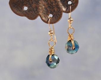 Wire-Wrapped Sparkly Metallic Green Glass Faceted Rondelle Beads on Gold-Filled French Earwires