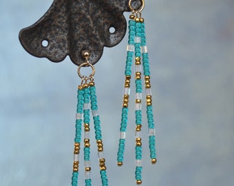 Turquoise Seed Bead Dangle Earrings on Gold-Filled Posts