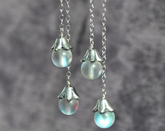 Frosted glass bead "double drop" earrings on sterling silver ball posts