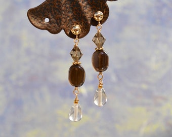 Smoky Quartz and Clear Crystal Teardrop Earrings on Gold-filled Posts