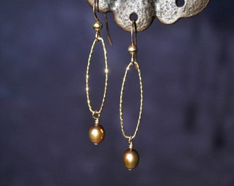 Hammered gold-filled oval earrings with warm bronze freshwater pearl drops