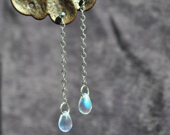 Iridescent glass bead teardrop earrings with sterling silver chains and ball posts