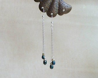 Stormy blue freshwater pearl double drop chain earrings on sterling silver French ear wires