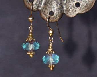 Czech glass Cathedral bead earrings in light sapphire blue on gold-filled earwires