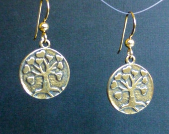 Love Tree Earrings: Natural Bronze Embossed Coins on Gold-filled Ear wires