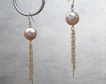 Peach Coin Pearl Earrings with Gold Filled Ear Wires and Chains