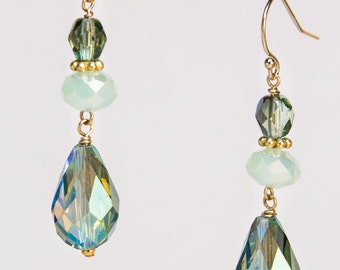 Crystal Dewdrop Earrings in Peacock Tones on Gold-Filled French Ear wires