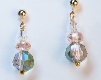 Pink & Green Pastel Crystal earrings on Gold filled posts