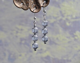 Silver-Washed Frosty Blue Fire-Polished Cathedral Bead Trio Earrings on Sterling Silver Ear Wires