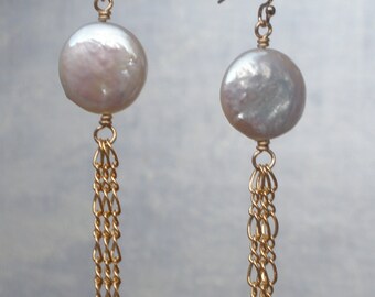 White Coin Pearl Earrings on Gold-Filled Ear Wires with Gold Chain Dangles