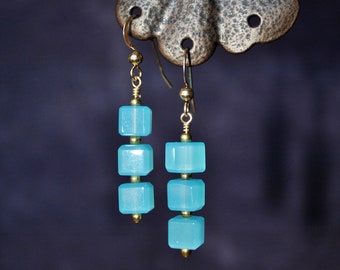 Turquoise "Cat's Eye" Glass Cube Earrings on Gold-filled French Ear Wires