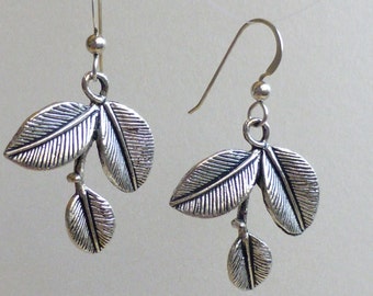 Rounded Leaf Earrings: Pewter Dangles on Sterling Silver French Ear wires