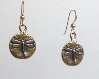 Dragonfly Earrings: Natural Bronze Embossed Coins on Gold-Filled Ear wires