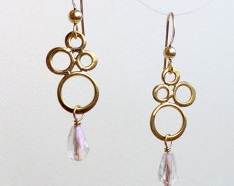 Bronze "Bubble" Earrings with Pink Crystal Teardrops on Gold-Filled Ear Wires