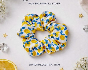 Scrunchie aus Baumwolle, Zitronen Muster | Haargummi handmade | Sommer Haaraccessoire | Geschenk für Frauen | ca. 11 cm