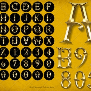 Antique Gold Metalic English Typography Alphabet, Letters and Numbers Collage Sheet, png & jpeg, Instant Download
