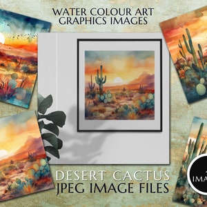 Watercolour art graphics images, A desert theme, featuring cacti, sand dunes & beautiful sunset Instant Digital Download, Quality jpeg Image