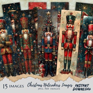 Marcadores de livros vintage de quebra-nozes de Natal Folhas digitais de aquarela 2 x 7 polegadas 15 marcadores em JPG e PDF em 3 páginas A4 para impressão Download instantâneo