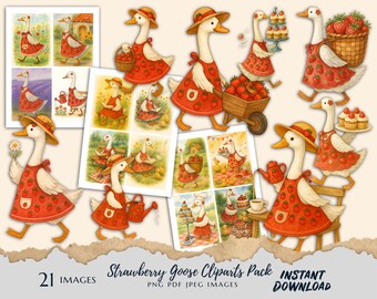 Strawberry Goose Clipart Pack – Instant Digital Download | Cute Watercolor Farm Goose Illustrations | PNG, JPEG, PDF Files