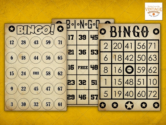レトロ ビンテージ ビンゴ カード デジタル画像、3 つのミニ カード