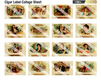 Digital Printable Collage Sheet - Vintage Cigar Box Labels, Pretty woman, floral designs - Ornate Floral Borders, Instant Download