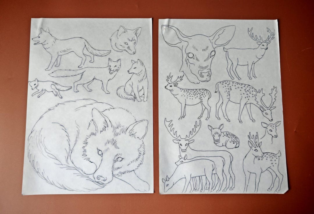 Vintage A4 Iron-on Transfer Pattern , Foxes & Deer Illustration Sheet ...