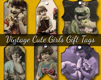 Collageark med presentetiketter med vintagemotiv och söta flickor, blandade 12 former på ett ark - direkt nedladdning