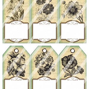 Arkusz kolażu z etykietami kwiatowymi, Vintage Flower na papierze teksturowanym, cyfrowy kolaż — natychmiastowe pobieranie wydruków, rozmiar 2,5" x 5", arkusz 8,5 x 11"