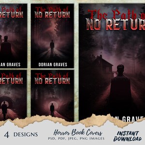 Op de afbeelding: Vier horrorboekomslagen met een donkere, sfeervolle esthetiek. Elk omslag toont een schaduwfiguur dat een pad in een bos afloopt. De tekst op de omslagen luidt "The Path of No Return".