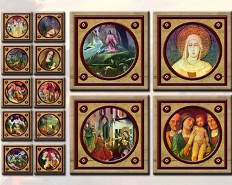 Vintage Holy Religious Digital Collage Sheet - Christian Faith, Jesus, Mary, angels, etc - 42 square tiles, instant download