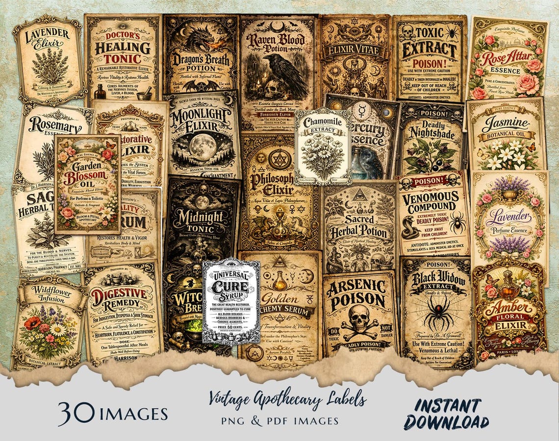 Vintage Apothecary Labels Bundle 30 Antique Potion & Poison Bottle ...