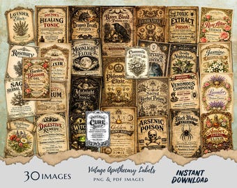 Vintage Apothecary Labels Bundle 30 Antique Potion & Poison Bottle Labels, Witchcraft Alchemy Labels, Junk Journal Printable, PNG  PDF