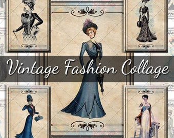 Vintage Fashion Digitale Collage Vel 1,5" x 2,25" Rechthoeken Set van 2 Vellen 16 Tegels op elk vel Afdrukbare DIY Craft Supply
