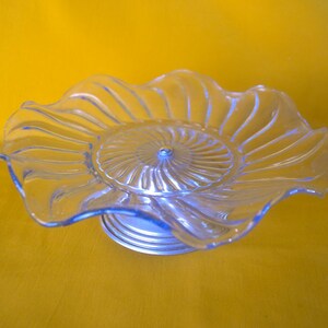 Vintage - Clear Blue Glass Plate Sandwich Cake Plate with metal foot , Cake Stand