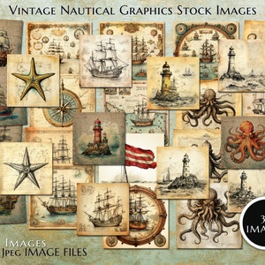 Imágenes de stock retro, Suministros de diario, Imágenes de temas náuticos, Criaturas marinas, Barcos, Mapas, Fondo de papel viejo, Descarga digital instantánea
