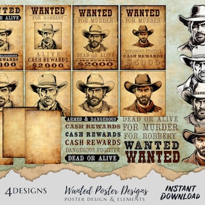 Diseños y elementos de carteles de Western Wanted, papel digital imprimible de vaquero del Salvaje Oeste, scrapbooking de textura de papel antiguo, descarga instantánea, A4