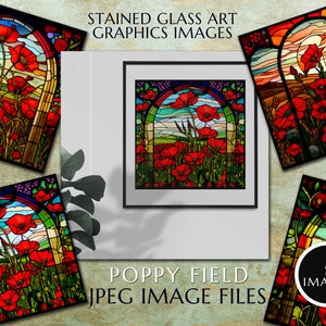 Vitrail Style Artwork Graphics: Scène de champ de fleurs de pavot avec fleurs épanouies & files, Floral, 5 Images Jpeg en téléchargement numérique