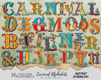 May include: A collection of 26 English alphabet letters in a carnival style. The letters are in various colors, including red, blue, yellow, and green, with ornate designs. The image also includes the text "Carnival Alphabets" and "Instant Download."