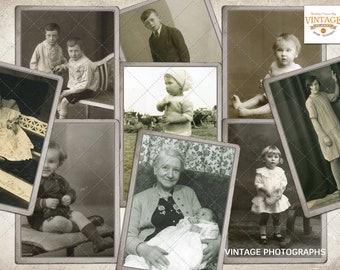 9 x Vintage CDV-kastfoto's van kinderen, jongen, meisje, baby - Sepia-kleur, Ephemera-set (directe digitale download)