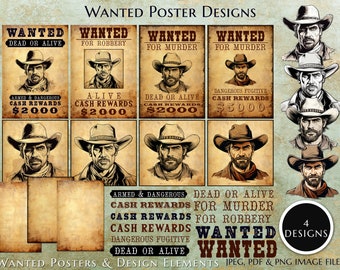 Western Wanted poster Designs & Elements, Wild West cowboy printable digital paper, old paper texture scrapbooking, instant download, A4