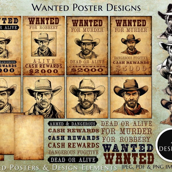 Western Wanted poster Designs & Elements, Wild West cowboy printable digital paper, old paper texture scrapbooking, instant download, A4