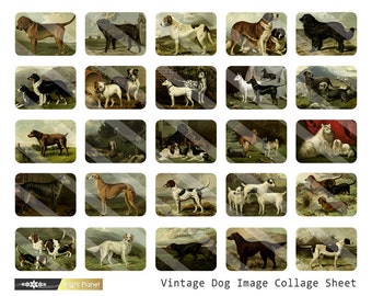 Vintage Dog Image Digital Collage Sheet - 25 Round Rectangle tiles - 11 inch by 8.5" INSTANT DOWNLOAD